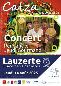 Evènement Concert Groupe Calza Trio Ensoleillé le 14/08/2025 à 19:00 - Lieu :  Place des Cornières 82110 Lauzerte