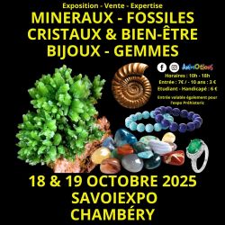 Evènement 6ème Salon Minéraux Fossiles Cristaux & Bien-Être Bijoux et Gemmes  + Exposition sur la Préhistoire du 18/10/2025 au 19/10/2025 - Lieu :  Savoiexpo 73000 CHAMBERY