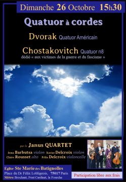 Evènement Quatuor à cordes : Dvorak & Chostakovitch le 26/10/2025 à 15:30 - Lieu :  église Ste Marie des Batignolles 75017 Paris