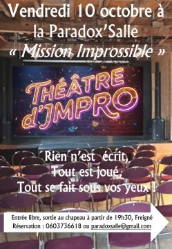 Evènement Théâtre d'improvisation à la Paradox'Salle le 10/10/2025 à 19:30 - Lieu :  La Paradox'Salle 44540 Vallons de l'Erdre