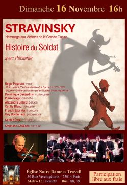 Evènement STRAVINSKY « Histoire du Soldat » 14-18 avec Récitant le 16/11/2025 à 16:00 - Lieu :  église Notre Dame du Travail 75014 Paris