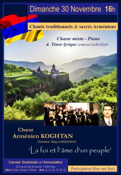 Evènement Chants traditionnels & sacrés Arméniens le 30/11/2025 à 16:00 - Lieu :  Couvent Dominicain de l'Annonciation 75008 Paris